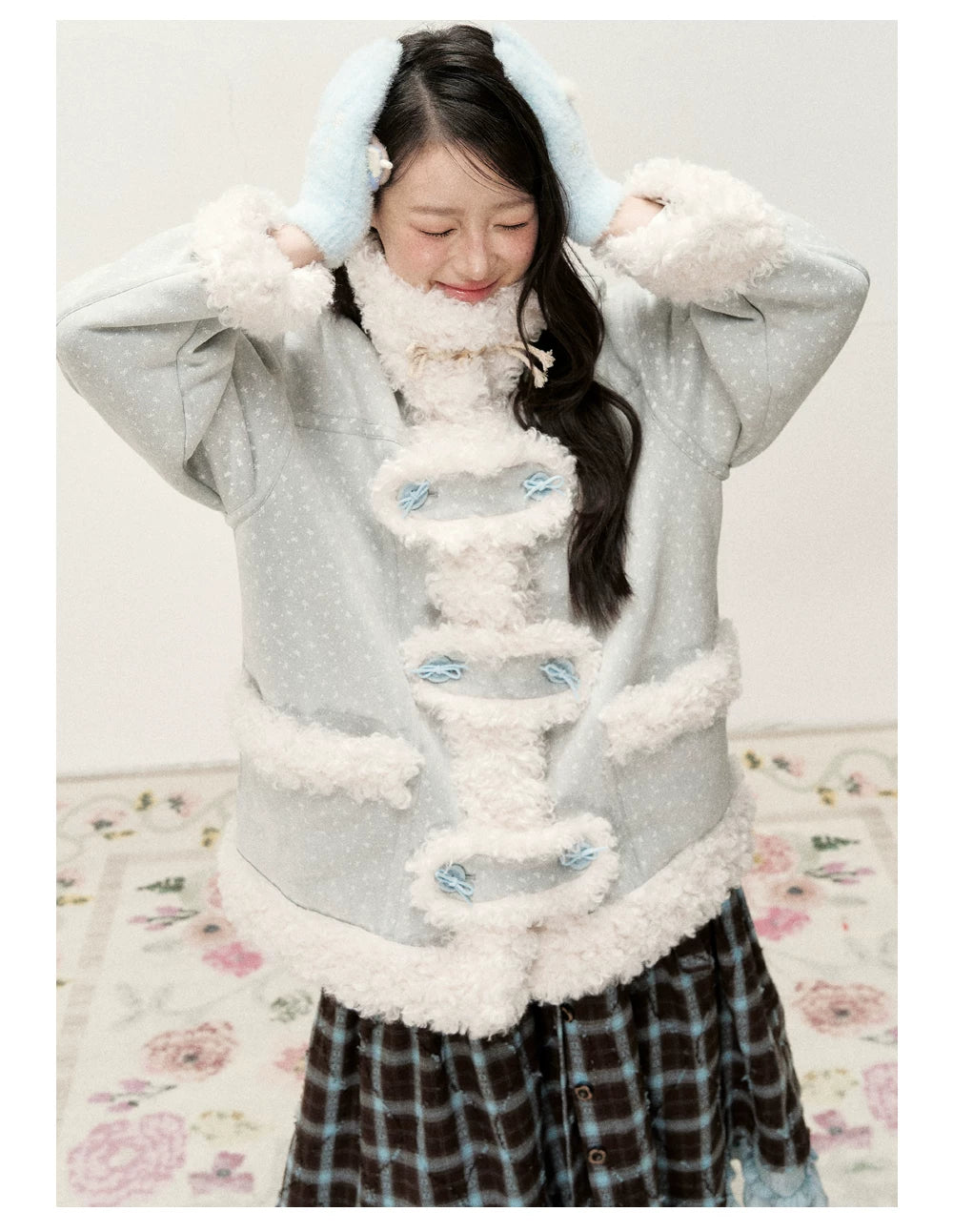 RF - Mist Blue Bow Print Suede-Look Jacket with Cream Curly Faux Fur Trim