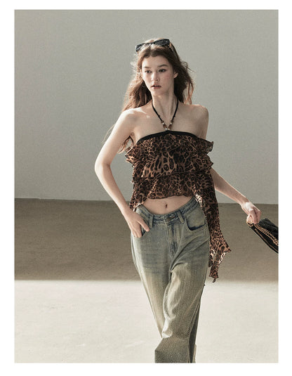 "Chasing the Sunset" Chestnut Brown Leopard Halter Ruffle Crop Top