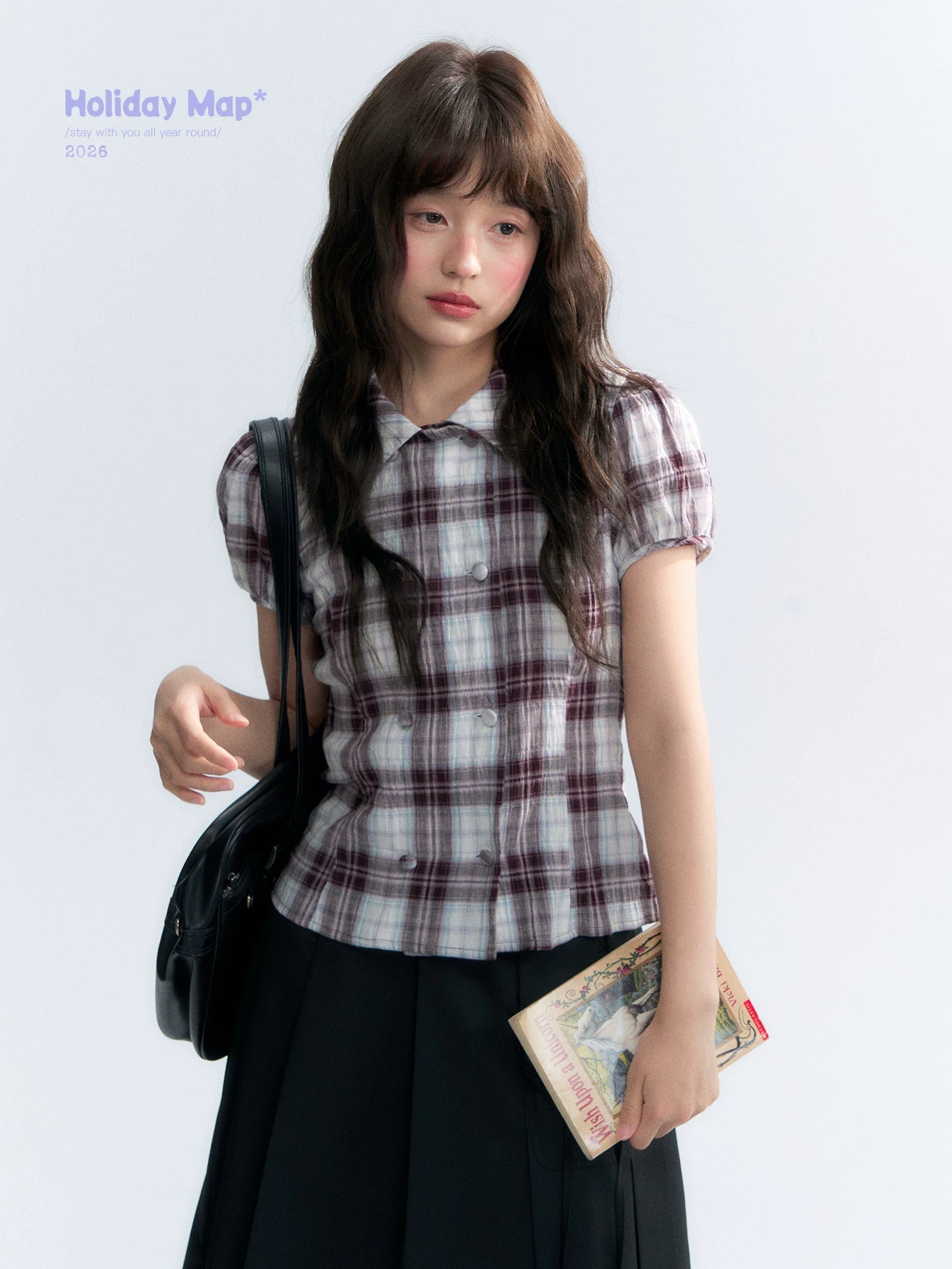 "Violet Mist Bow" Purple Brown Plaid Blouse
