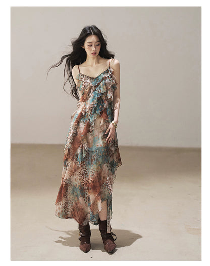 "She Never Looks Back" Peacock Blue Leopard Chiffon Maxi Dress