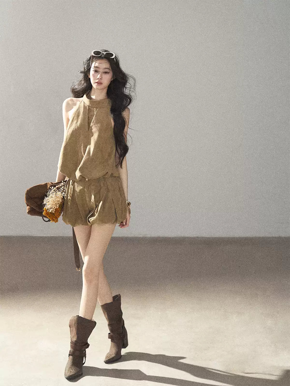 AOMALM - "The Veins of Leaves" Oatmeal French Faux Suede Top & Shorts Set