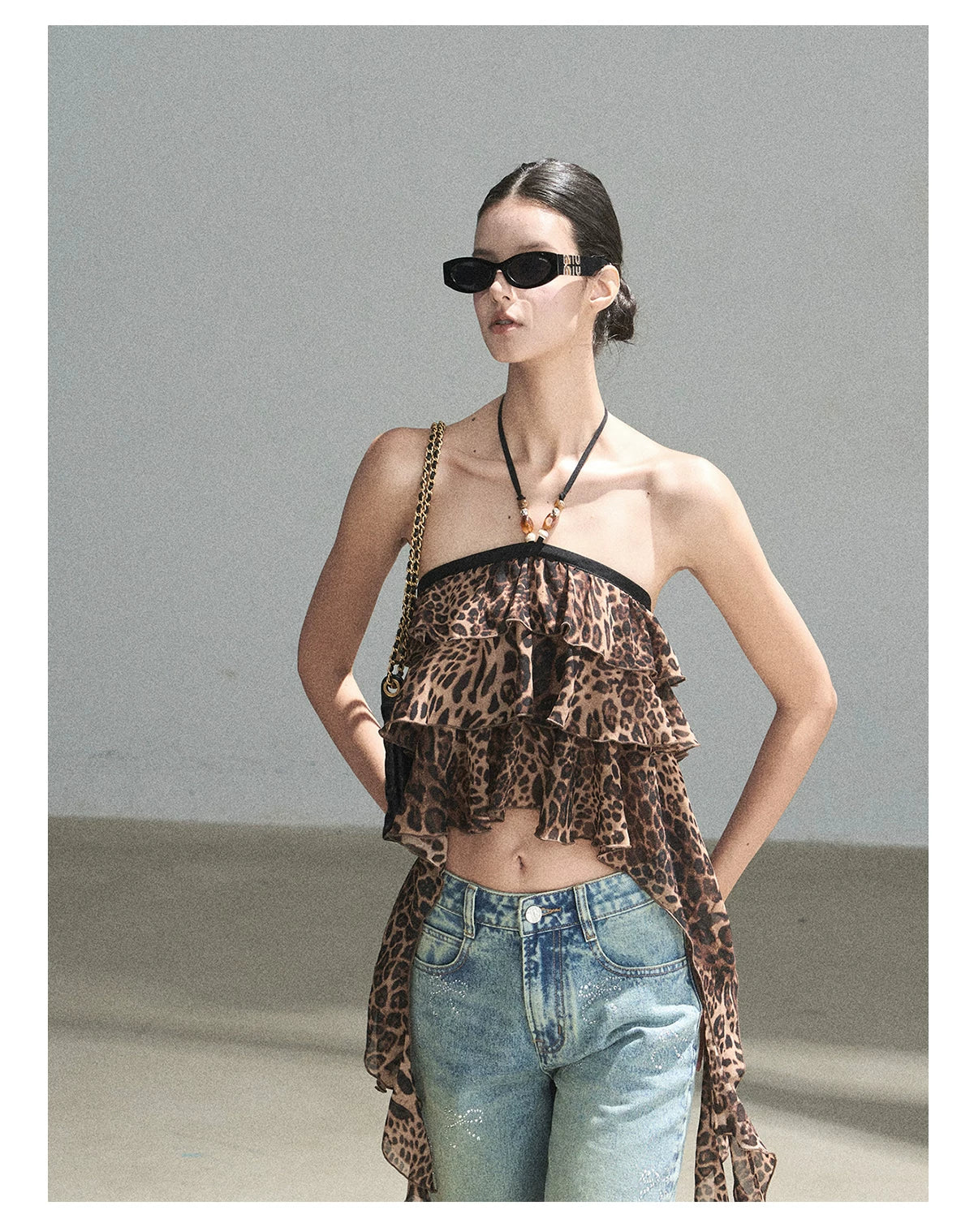 "Chasing the Sunset" Chestnut Brown Leopard Halter Ruffle Crop Top