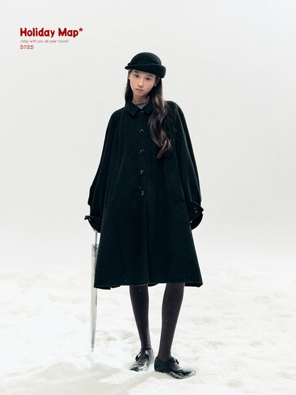 "Black & White Waltz" Hand-Stitched Wool-Blend Swing Coat (Ivory/ Black)