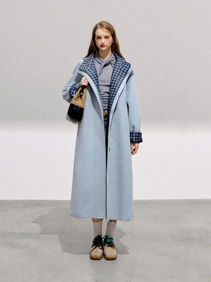 BOHOL BLING - Preppy Light Blue Plaid Wool Blend Long Coat