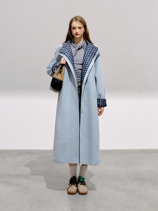 BOHOL BLING - Preppy Light Blue Plaid Wool Blend Long Coat