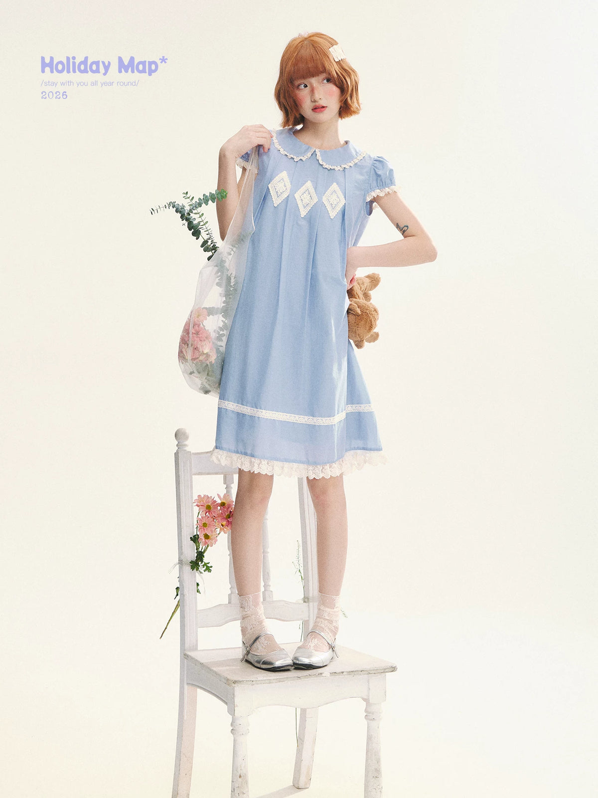 "Sweet Tea Doll" Haze Blue Lace Puff Sleeve Peter Pan Collar A-Line Dress