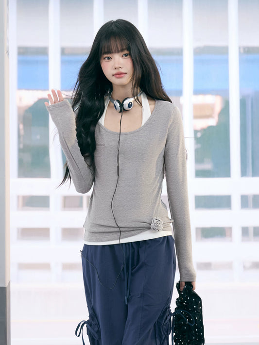 "Layered Grace" Gray Halter Two-Piece Long Sleeve Top