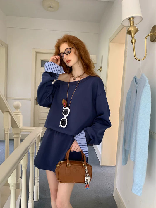 Navy One-Shoulder Sweatshirt & Skirt Set
