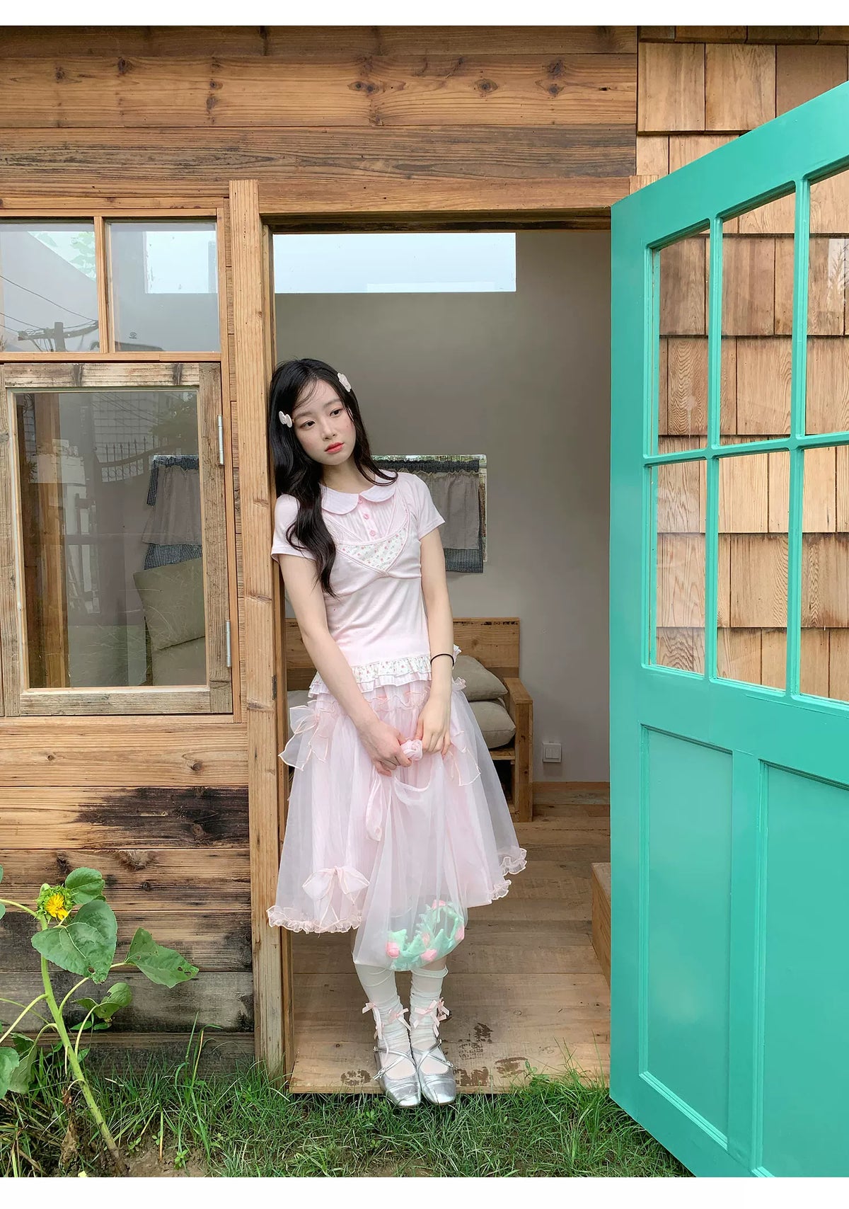 [RF] “Peach Petal Reverie” Peach Pink Doll Collar Top & Tulle Skirt Set