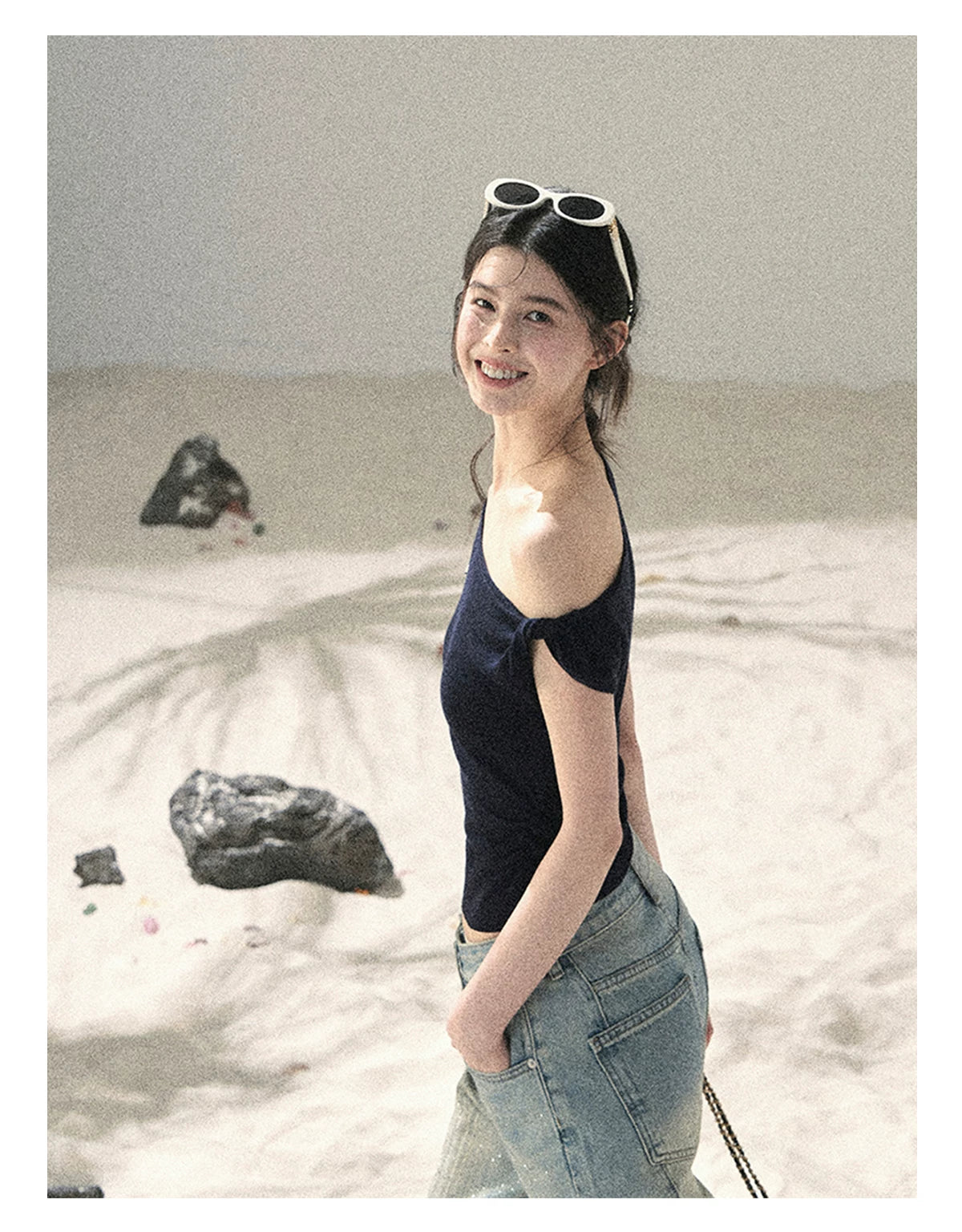 "Shape of the Wind" Navy Blue One-Shoulder Twist Crop Top 6556585