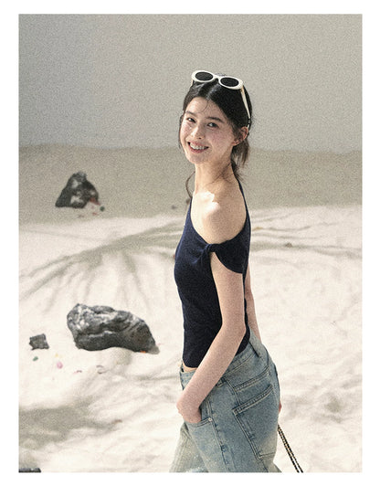 "Shape of the Wind" Navy Blue One-Shoulder Twist Crop Top 6556585