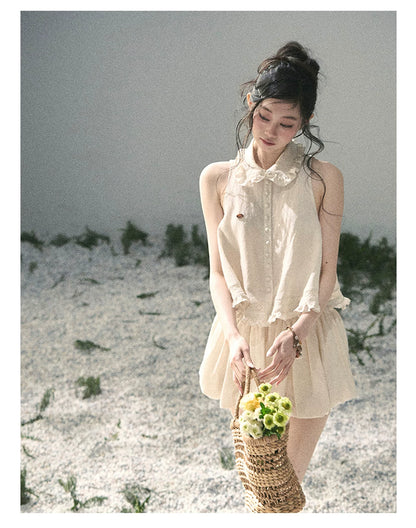 "Soft Cloud Reverie" Dutch Cream Lace Top & Bubble Skirt & Wide-Leg Pants Set 5468465
