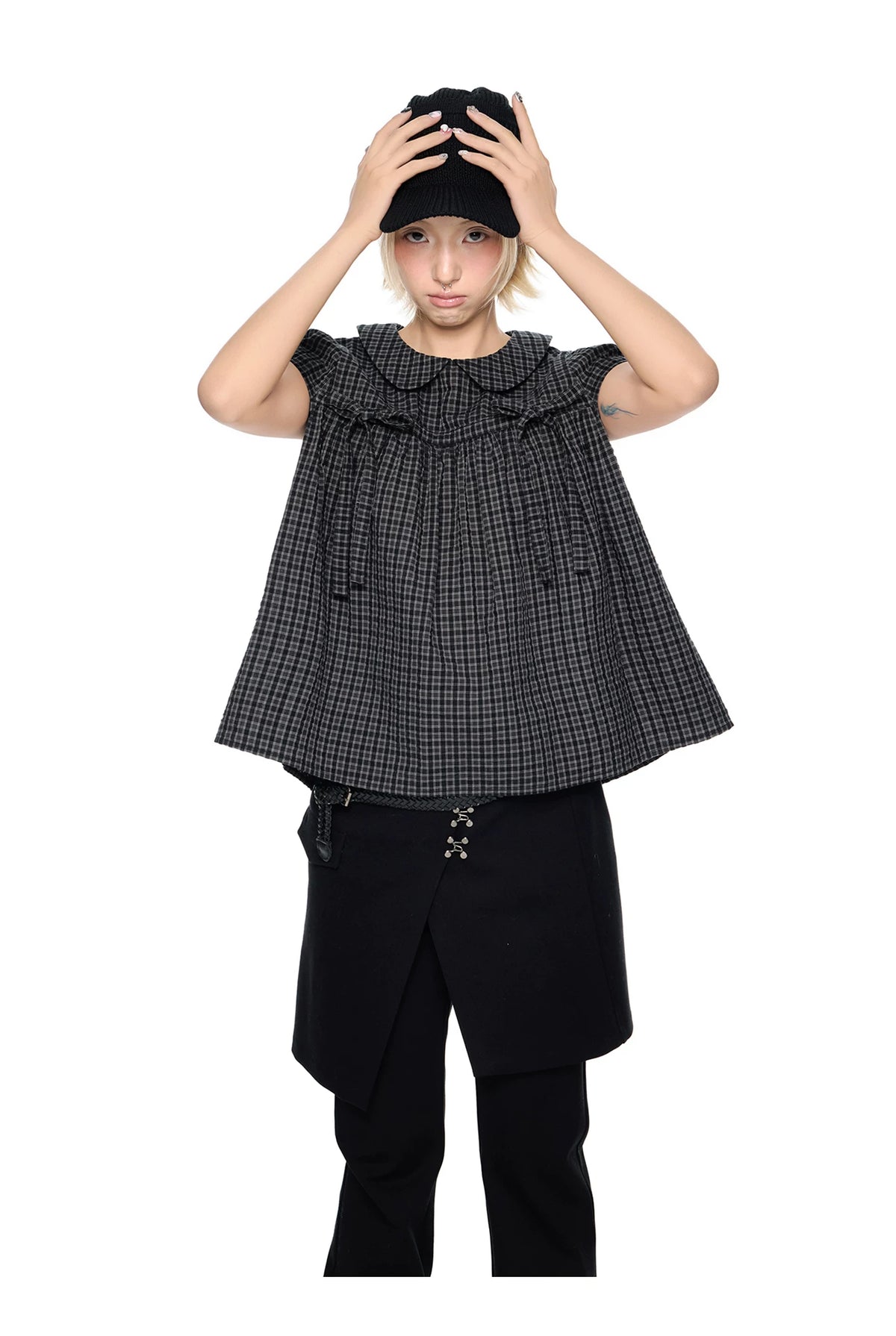 EZEK | Peter Pan Collar Gingham Shirt with Bubble Sleeves