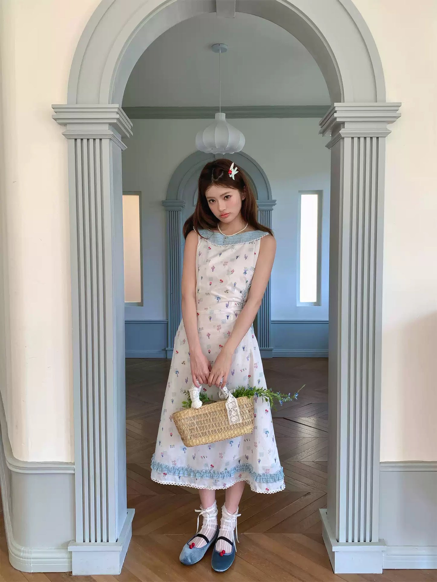 “Blue Meadow Letter” Misty Blue Floral Maxi Dress