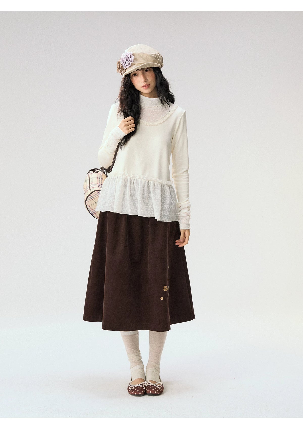 [CAN] “Cream Cloud” Ivory Lace Ruffle High-Neck Top
