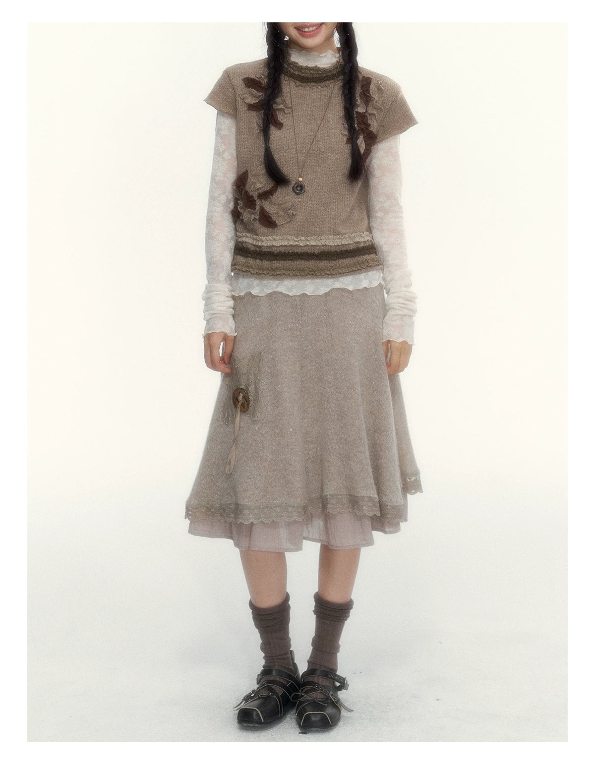 Milk Coffee Vintage Lace Knit A-Line Skirt