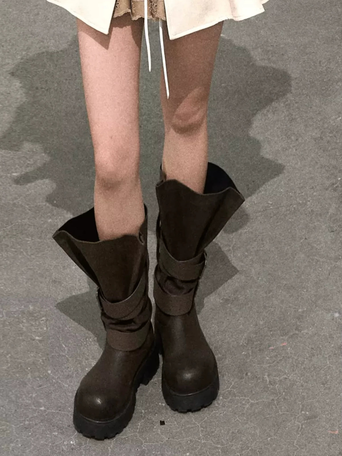 OAKMOO/ Distressed Slouchy Mid-Calf Combat Boots with Layered Straps