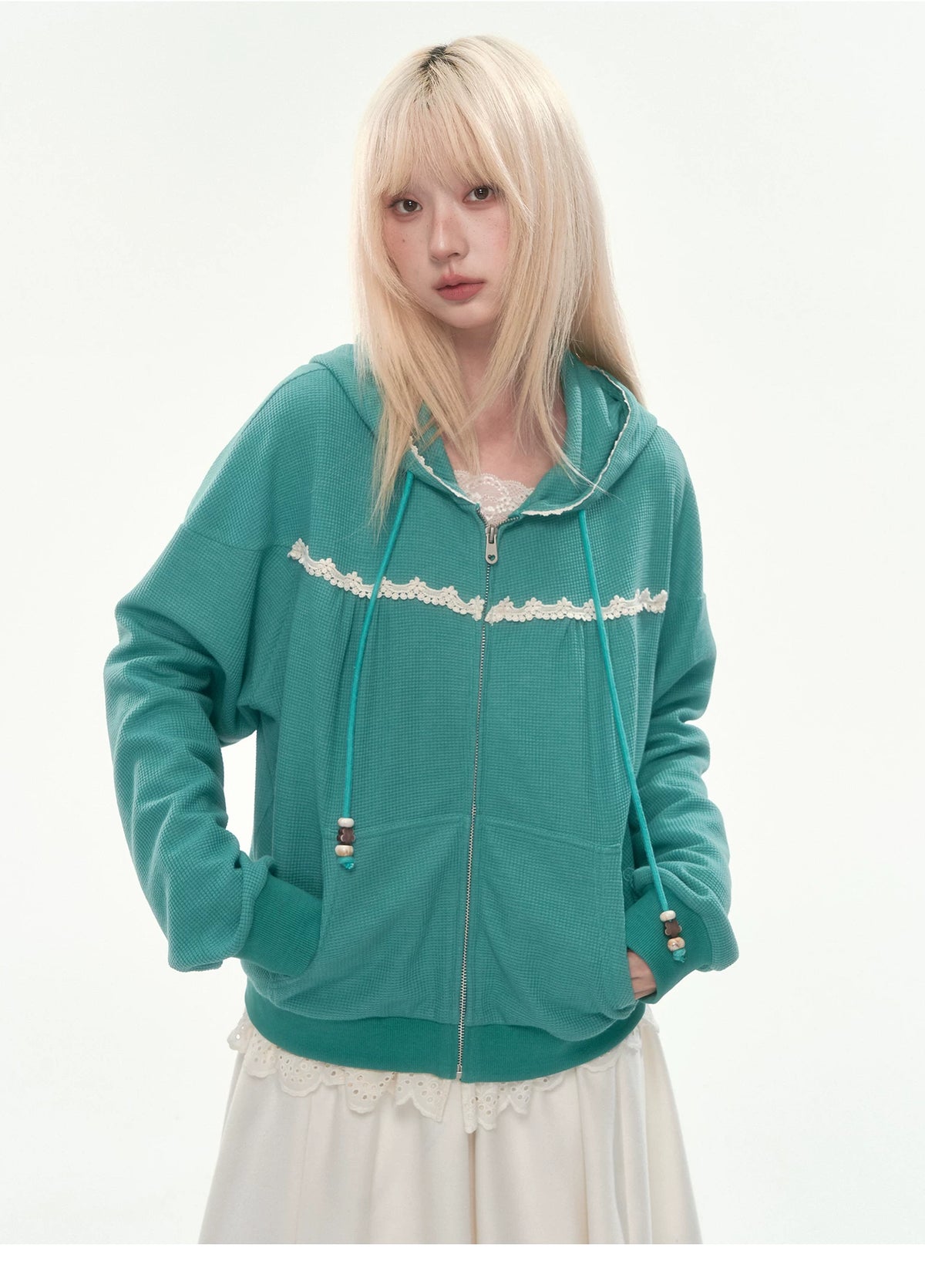 [CAN] Green Lace-Trim Waffle Knit Zip-Up Hoodie