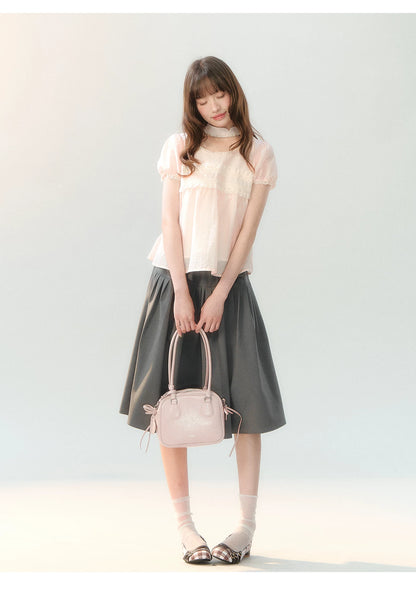 "Pink Mist Notes" Blush Pink Lace Puff Sleeve Blouse  LL2026217
