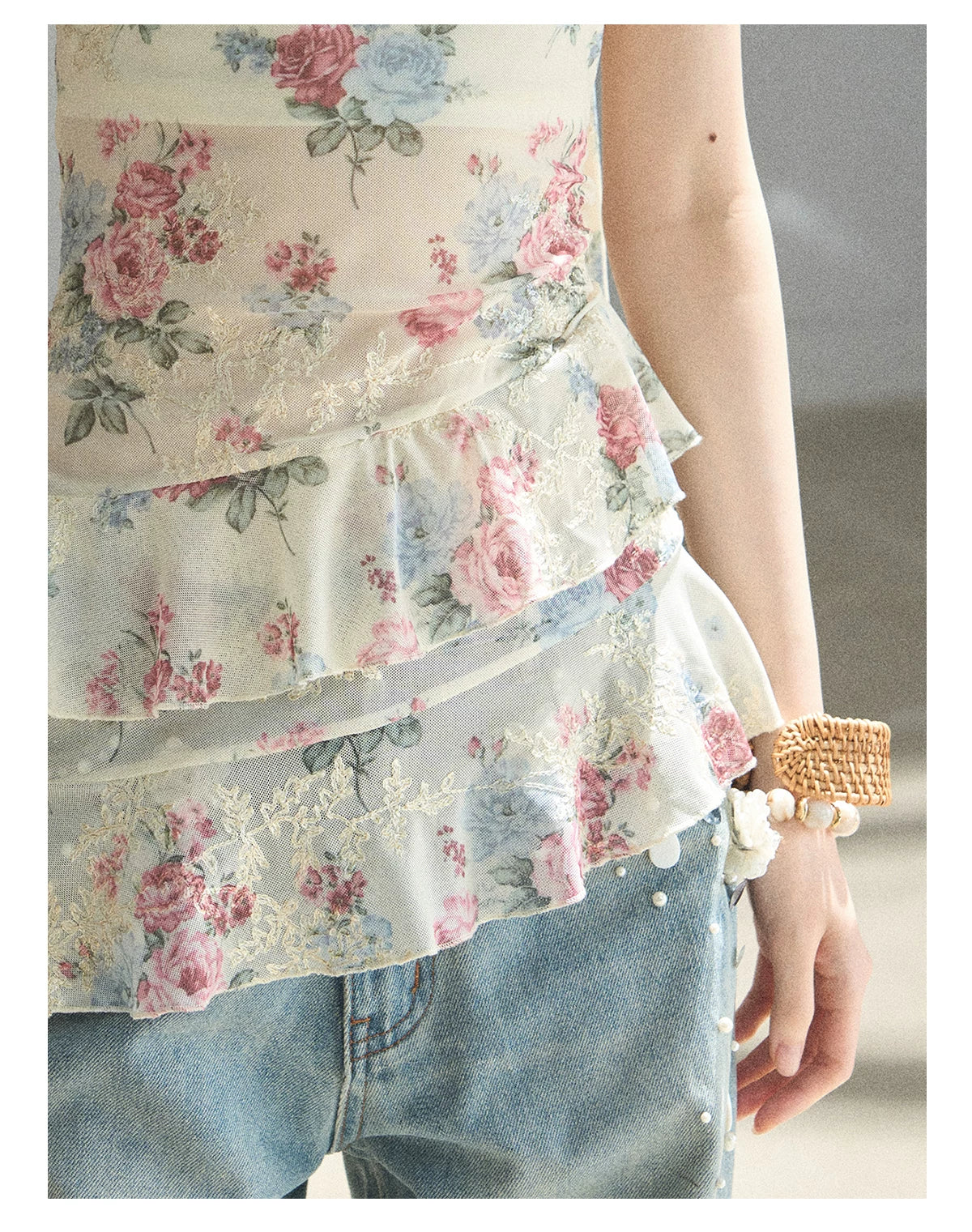 "Flowers & Sunlight" Dutch Cream Off-Shoulder Mesh Top