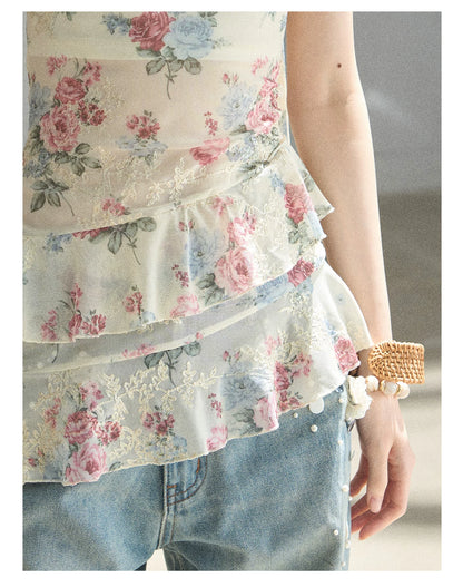 "Flowers & Sunlight" Dutch Cream Off-Shoulder Mesh Top