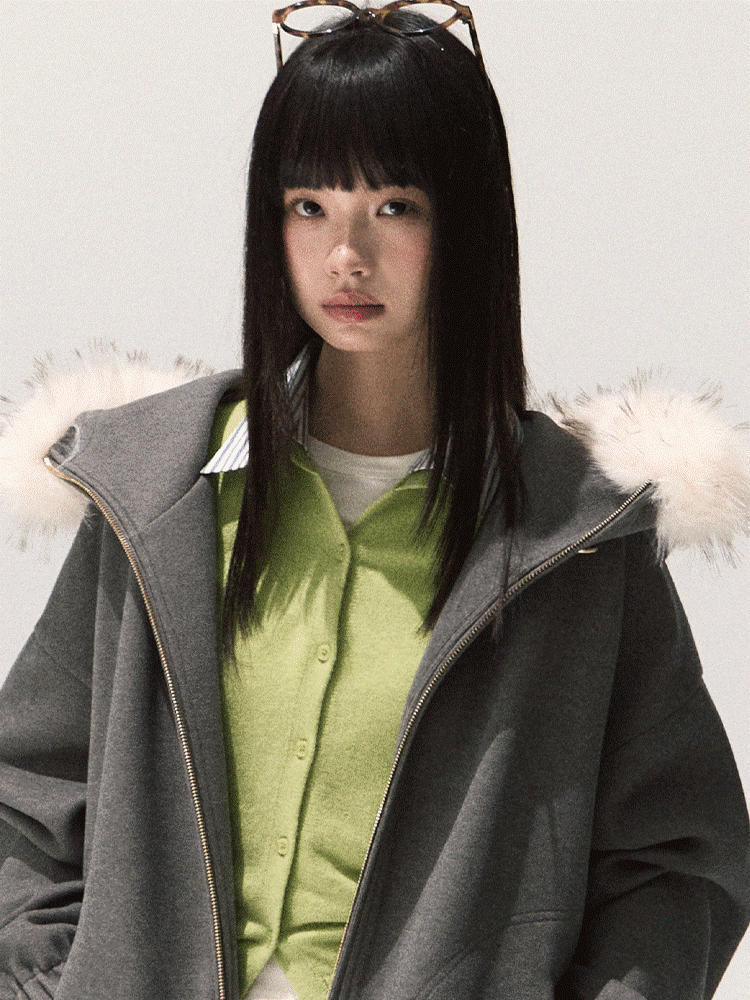 OAKMOO/ Swiss Gray Hooded Zip-Up Jacket with Detachable Faux Fur Collar