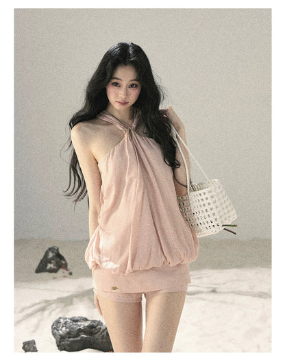 "Soft Luminous Glow" Misty Pink Halter Top & High-Waisted Skort Two-Piece Set