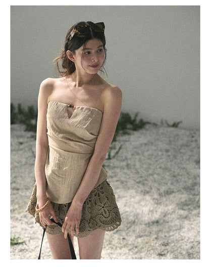 “Moonlit Haze” Dutch Cream Strapless V-Notch Top