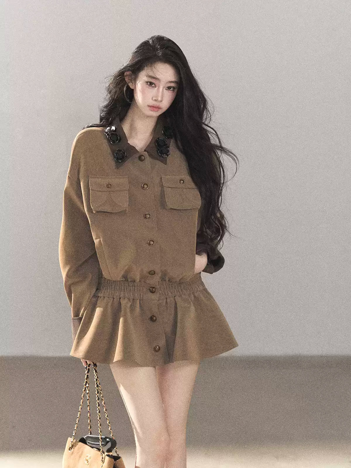 AOMALM - Gray-Brown PU Jacket and High-Waisted Shorts Set