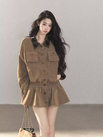 AOMALM - Gray-Brown PU Jacket and High-Waisted Shorts Set