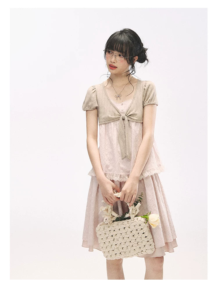 "Sweetheart Pages" Blush Pink Bow Puff Sleeve Top & A-Line Skirt Set