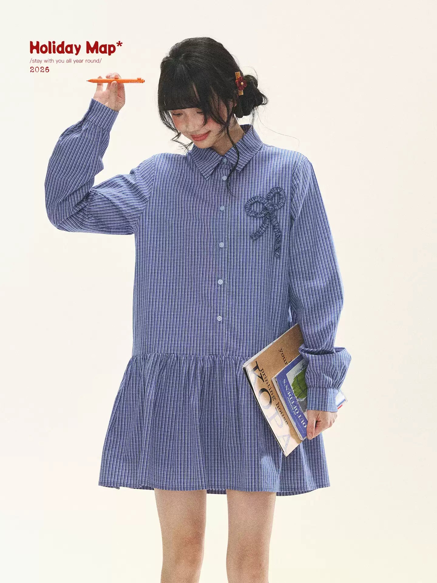 "Holiday Blues" Blue Plaid Bow Shirt Mini Dress