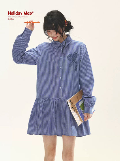 "Holiday Blues" Blue Plaid Bow Shirt Mini Dress