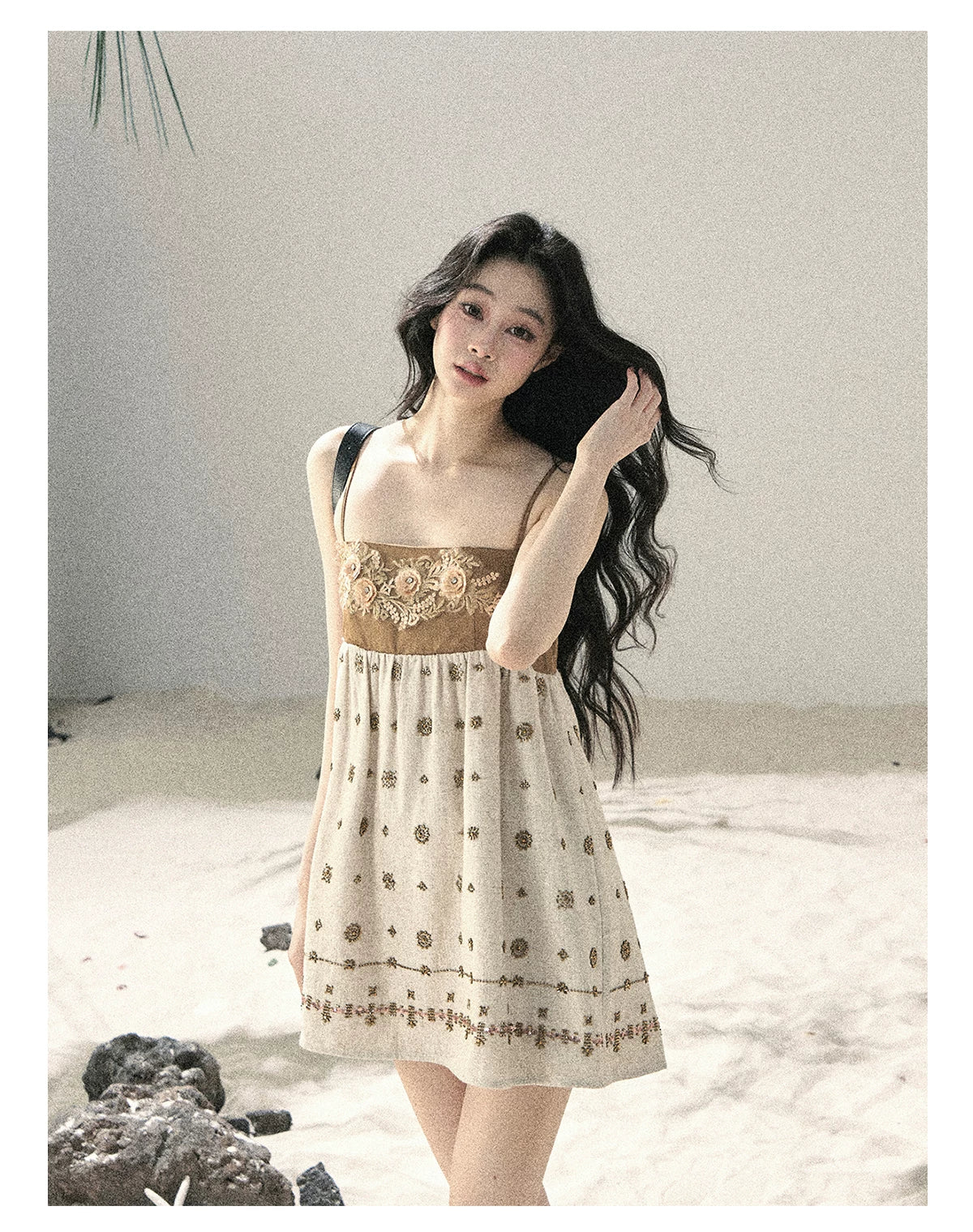 "Whispers Through the Wheat Fields" Oat Beige Floral Cami Babydoll Mini Dress