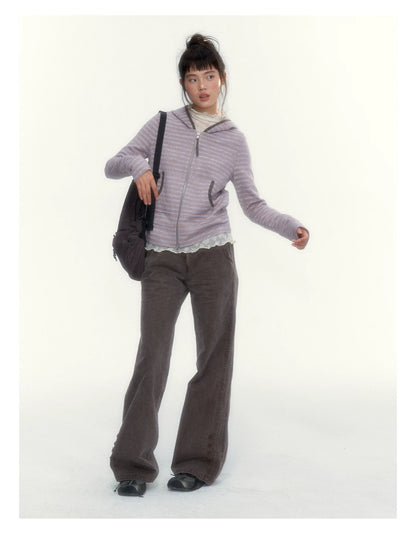 Dusty Purple Stripe Hooded Knit Cardigan
