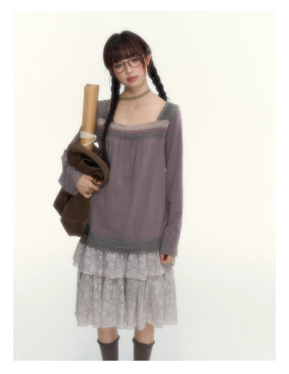 Gray Purple Lace-Trimmed Square-Neck Long-Sleeve T-Shirt