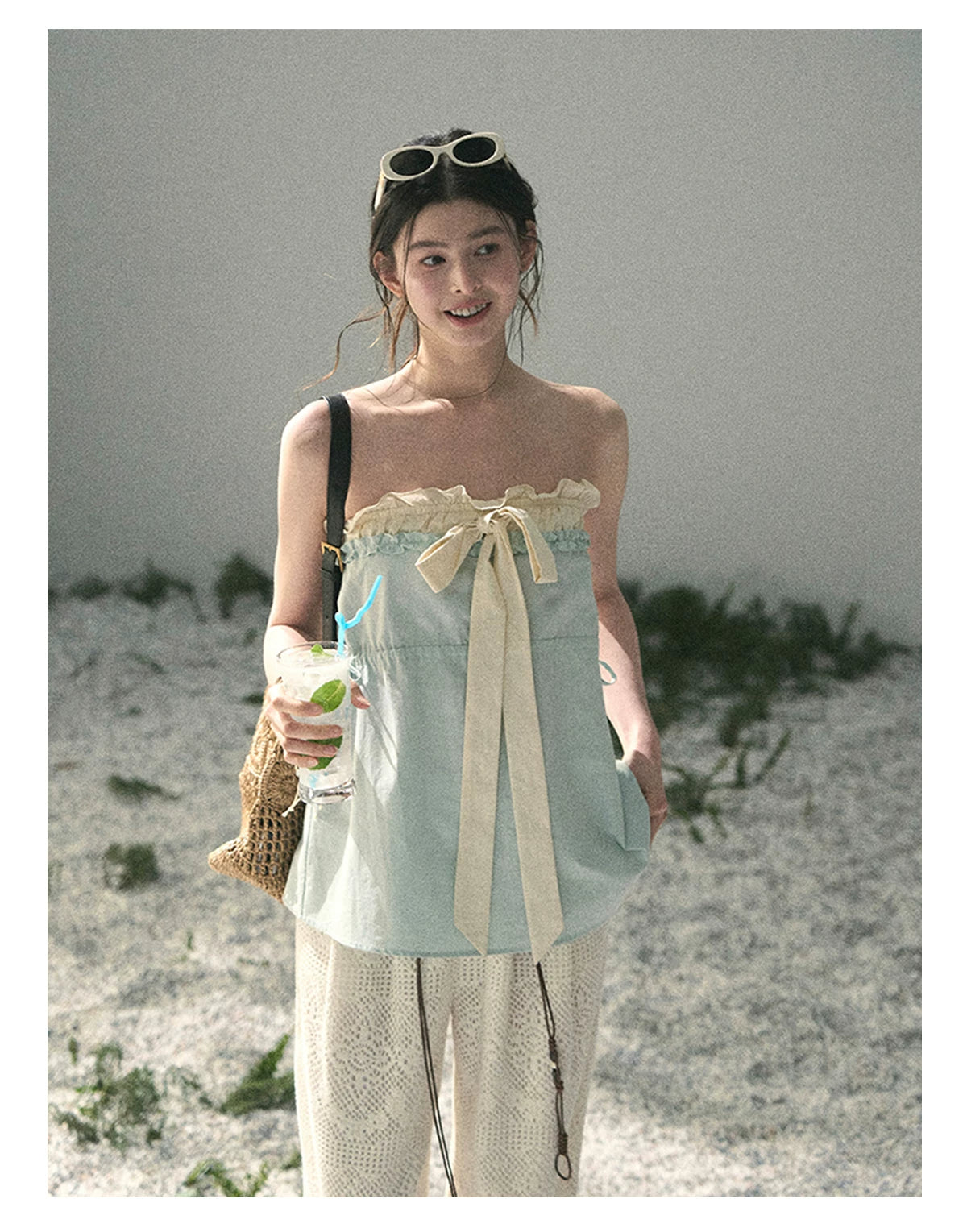 “Blue Whispers on Ivory” Mint Ruffle Bustier Top