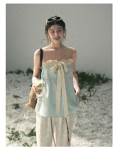 “Blue Whispers on Ivory” Mint Ruffle Bustier Top