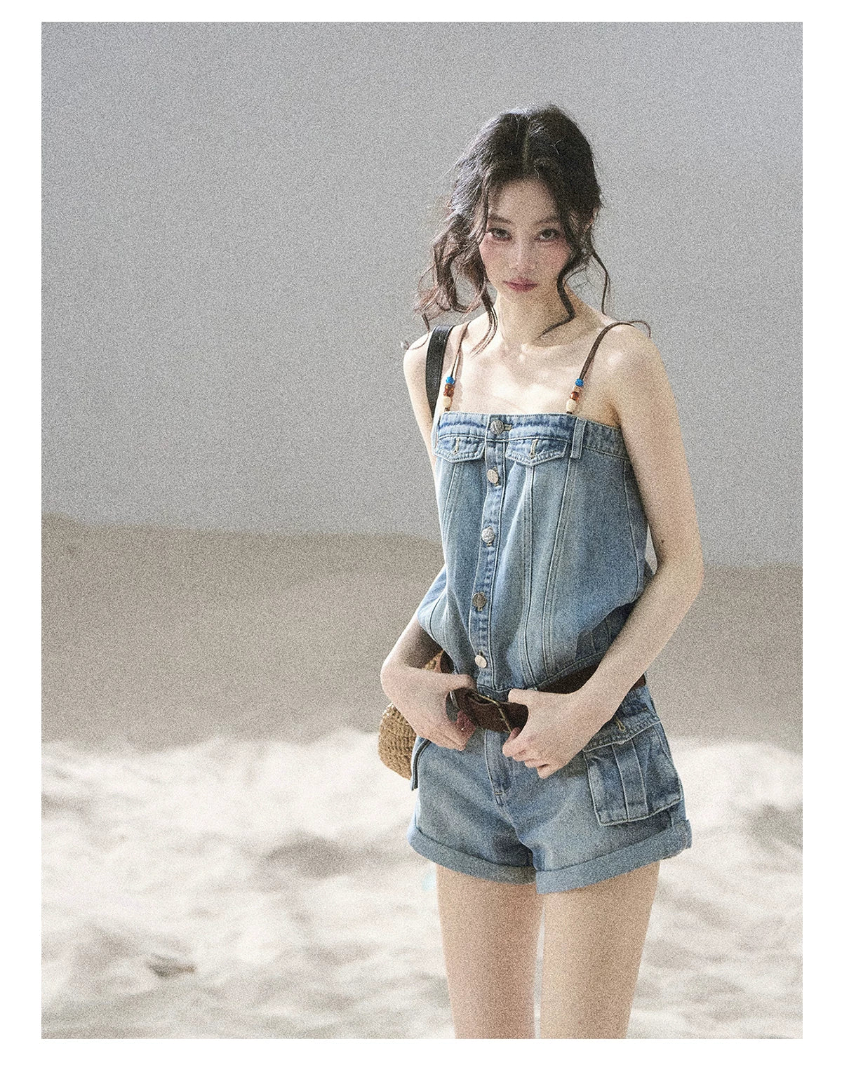 "A Walk by the Sea" Collegiate Blue Denim Utility Romper (With Belt)