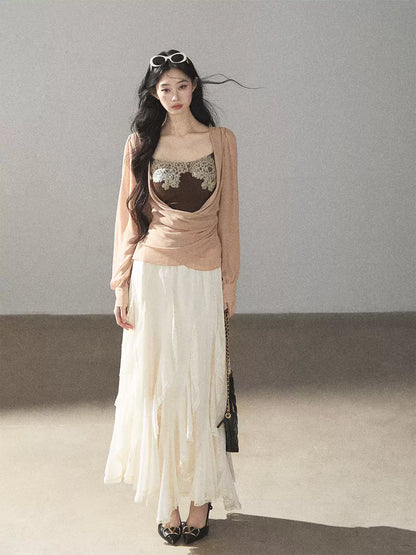 AOMALM - Cinnamon Blush Ruched Wrap Chiffon Top with Lace Cami Set
