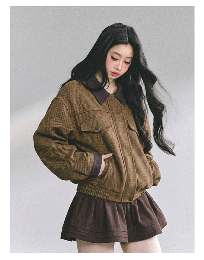 少也眼 "Falling Wutong Leaves" Hepburn Wool Tweed Two-Piece Set - Coffee Brown