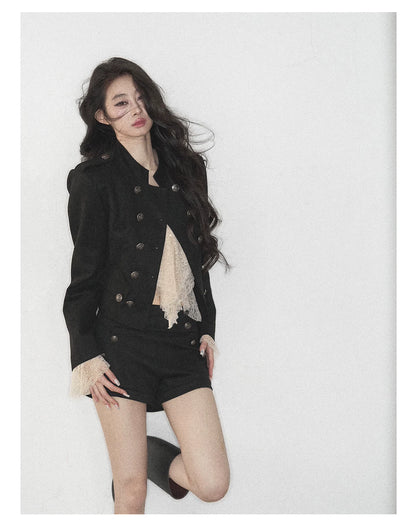 AOMALM - Black Napoleon-Style Jacket & Shorts Set with Milk Tea Top