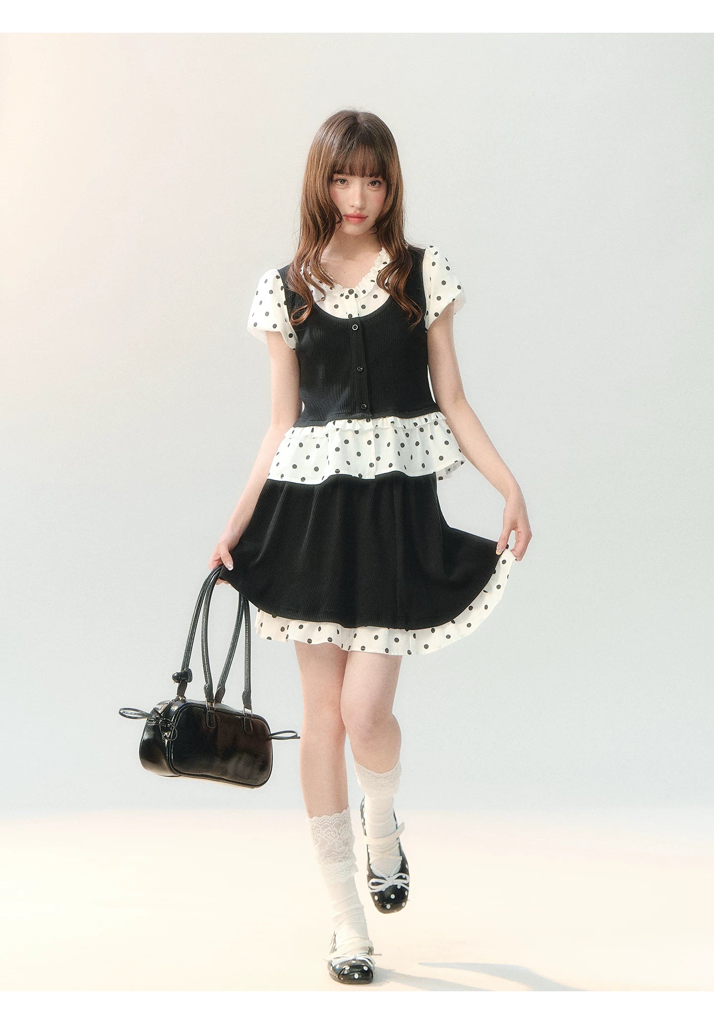 "Black Tea & Cream" Polka Dot Two-Piece Skirt Set SH2026202