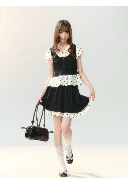 "Black Tea & Cream" Polka Dot Two-Piece Skirt Set SH2026202