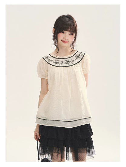 "Black & White Sonata" Polka Dot Mesh Tiered Jellyfish Skirt (White/ Black)