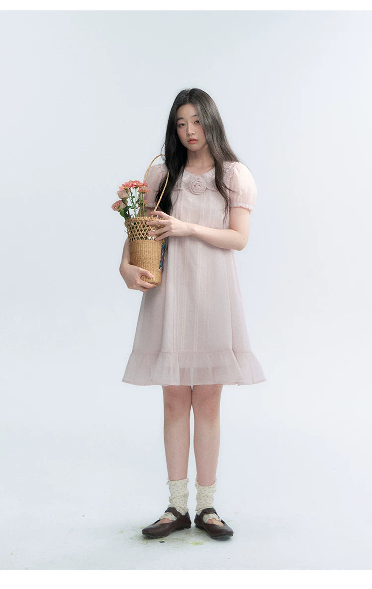 "Misty Wild Rose" Detachable Rose Lace Trim Puff Sleeve Midi Dress