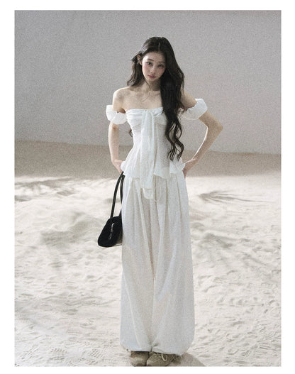"Lazy Soliloquy" White Peplum Top & Wide-Leg Pants Set