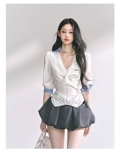 少也眼 "Siren Trainee" French-Inspired V-Neck Summer Blouse