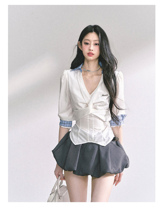 少也眼 "Siren Trainee" French-Inspired V-Neck Summer Blouse