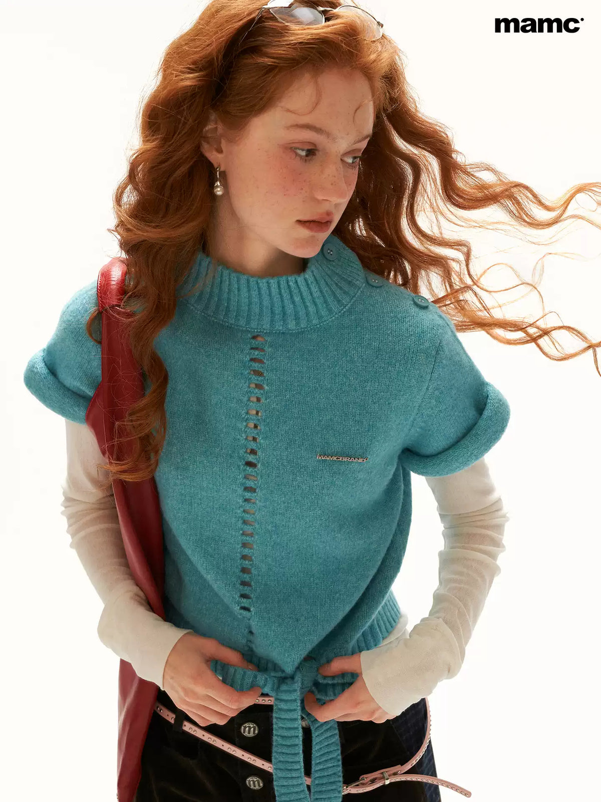 MAMC - Blue Ribbed Mock-Neck Tie-Hem Knit Sweater